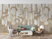 Earthy botanical line art wall mural featuring soft beige, sage green, taupe, and brown tones with intricate botanical swirls and geometric accents.