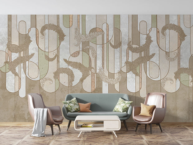 Earthy botanical line art wall mural featuring soft beige, sage green, taupe, and brown tones with intricate botanical swirls and geometric accents.