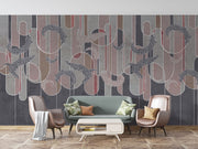 Dark botanical line art wall mural with charcoal grey, deep red, and taupe geometric elements, featuring intricate white botanical detailing.