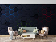 Futuristic Hexagonal Grid Wall Mural – 3D LED-Inspired Honeycomb Wallpaper with RGB Lighting Effects in Blue, Green, and Red for Gaming and Modern Interiors.
