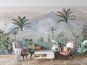 Exotic tropical wall mural with lush foliage, palm trees, and vibrant flowers in a jungle-inspired design.