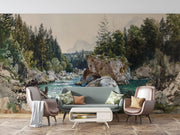 Vintage watercolor wall mural featuring a scenic river winding through rocky terrain and pine forest, with distant mountains in the background.