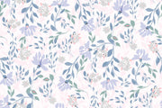 Delicate pastel floral wall mural with soft lavender, blush pink, and green botanical patterns.