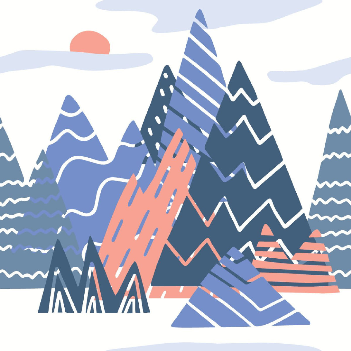 Adventure Peaks wall mural featuring abstract mountain shapes in blue and peach tones with a sun and clouds, styled in a boy’s bedroom.