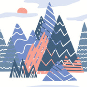 Adventure Peaks wall mural featuring abstract mountain shapes in blue and peach tones with a sun and clouds, styled in a boy’s bedroom.