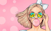 Trendy pop art wall mural featuring a stylish girl with sunglasses and bubble gum on a pink background.