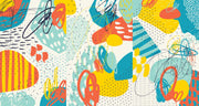 Abstract doodle wall mural with vibrant colors, bold shapes, and expressive line work, creating a dynamic and artistic room atmosphere.