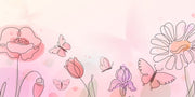 Floral and butterfly-themed wall mural with delicate line art of flowers and butterflies on a soft pink background.