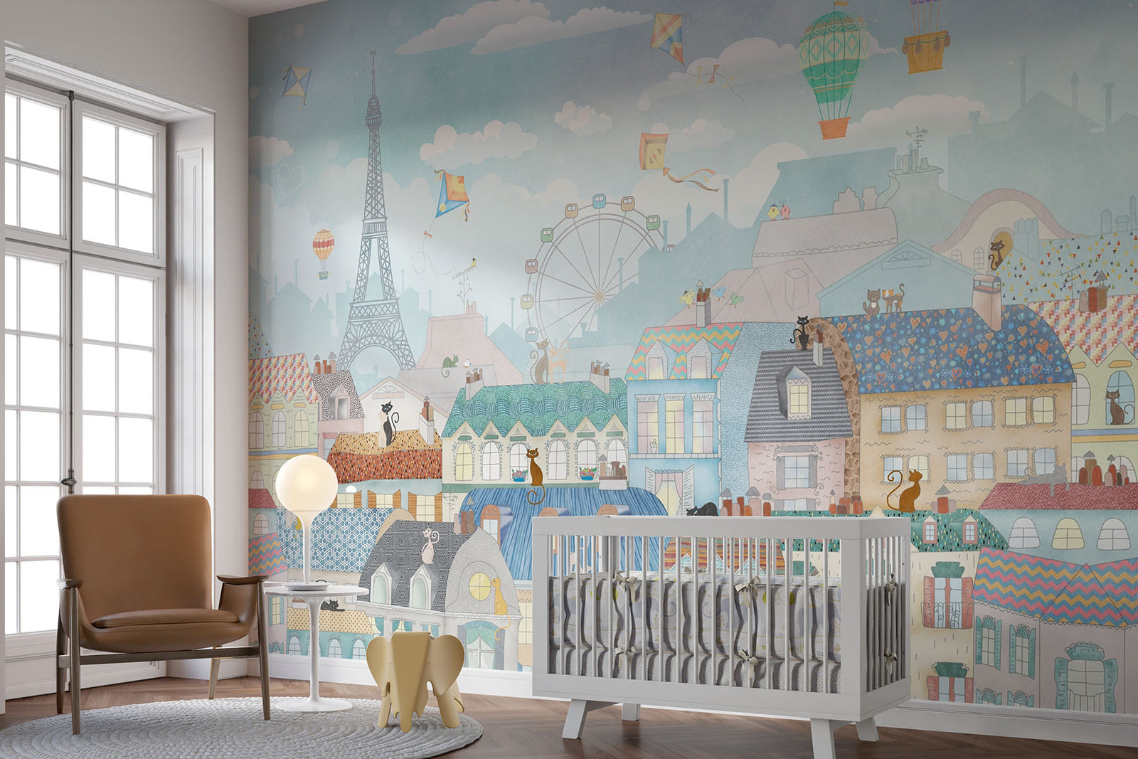 Paris-themed kids’ wall mural with the Eiffel Tower, hot air balloons, colorful rooftops, and kites in soft pastel colors, perfect for a nursery or playroom.