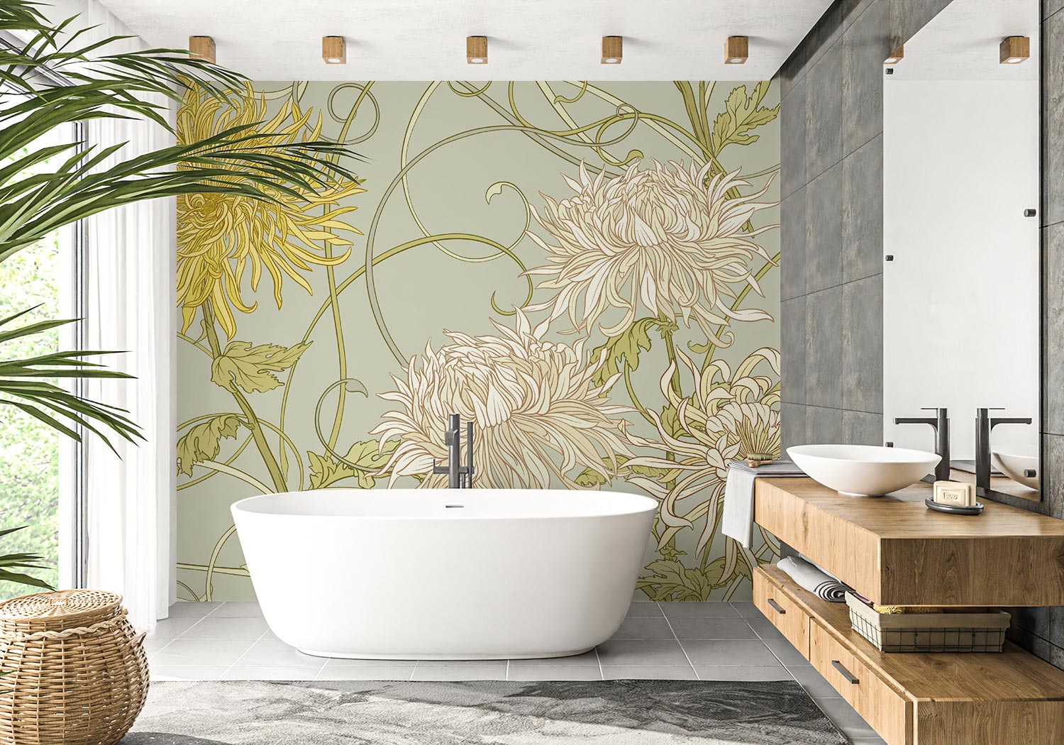 Art Nouveau floral wall mural with intricate yellow and beige chrysanthemum flowers on a sage-green background, styled in a modern bathroom.