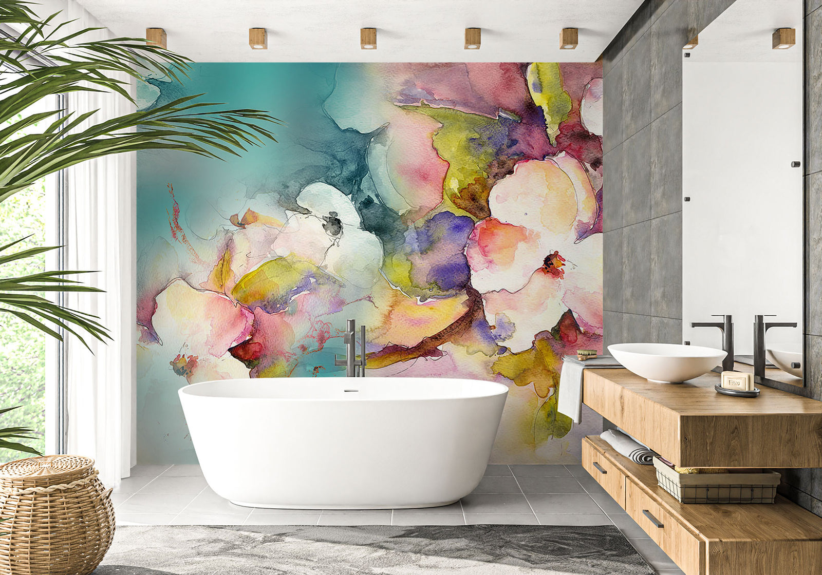 Watercolor blossom wall mural featuring hand-painted flowers in soft pastel and vibrant hues, creating a dreamy and elegant home décor statement.