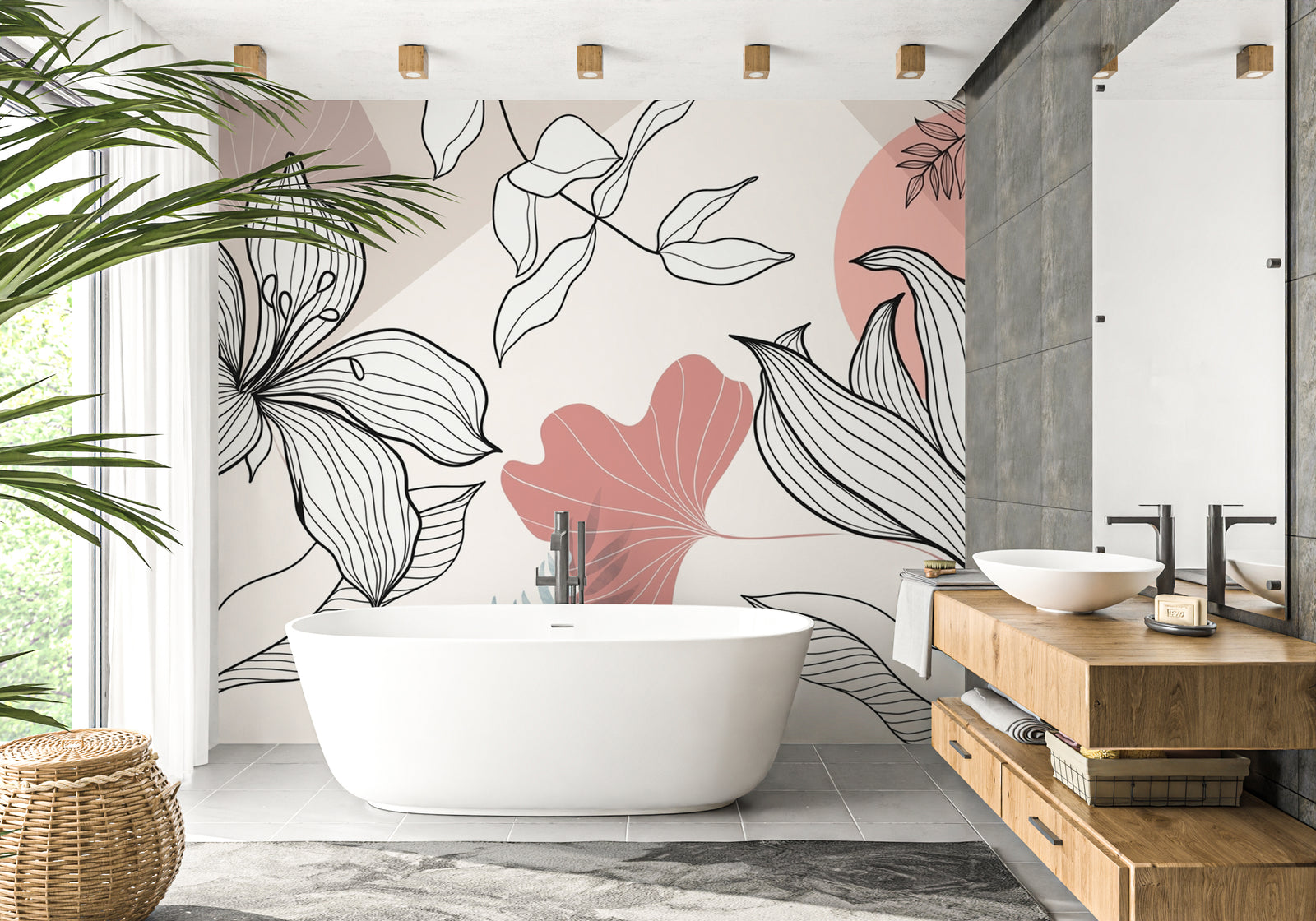 Modern bathroom with a freestanding bathtub, floral wallpaper, and wooden vanity.