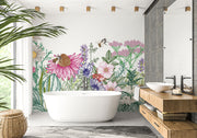Wildflower Haven Wall Mural – Hand-Illustrated Floral Wallpaper with Vibrant Blooms and Bees