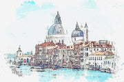 Venetian Daydream watercolor wall mural of Venice with dome architecture and canal.