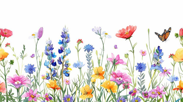 Watercolor wildflower wall mural featuring hand-painted flowers in vibrant colors with butterflies, styled in a playful children’s room with a white teepee.