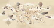 Vintage-style children's world map wall mural with hot air balloons and animals.