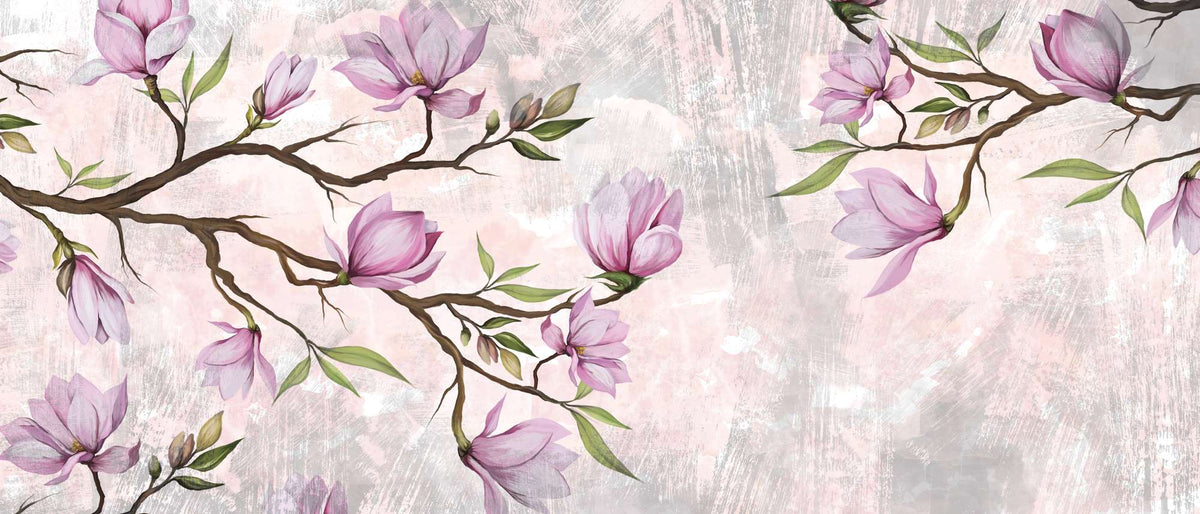 Pink Magnolia Wall Mural with blooming branches on a textured background.