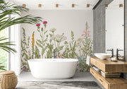 Meadow Bloom Wall Mural featuring delicate wildflowers and lush greenery on a soft-toned background.