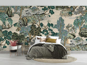 Detailed view of Chinoiserie mural showcasing hand-illustrated trees, pavilions, and serene water features in soft jade, taupe, and ivory tones; decorating a bedroom.