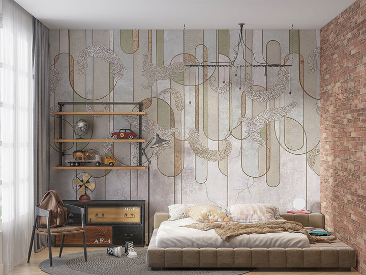 Elegant abstract line art wall mural with soft sage green, beige, and gold botanical-inspired details, ideal for modern and minimalist interior decor.
