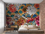 Colorful floral wall mural with peonies and gold accent decorating a bedroom.