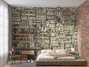Sketch town wall mural featuring hand-drawn urban houses and rooftops, creating a nostalgic and artistic living room ambiance.