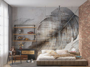 Textured feather wall mural in neutral grey and beige tones, featuring oversized artistic feather details, perfect for modern and minimalist interiors.