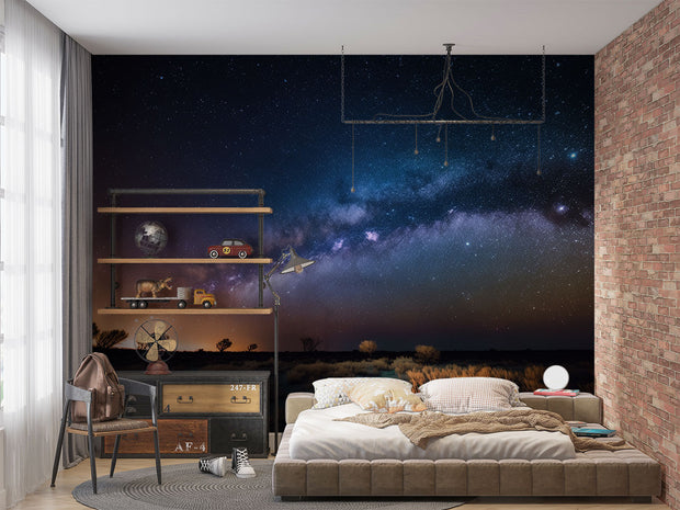 Milky Way Night Sky Wall Mural – Stunning Galaxy Wallpaper Featuring a Starry Sky, Deep Cosmic Blues, and Twilight Horizon for Celestial-Inspired Interiors.