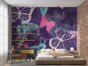 Butterfly wall mural featuring teal, pink, and purple butterfly designs on a textured dark purple background, perfect for adding elegance to bedrooms or creative spaces.