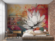 Radiant Lotus wall mural featuring black-and-white lotus illustration on vibrant watercolor background with red, orange, and teal hues.