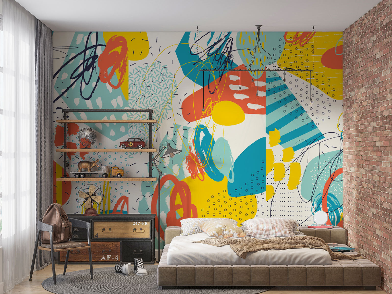 Abstract doodle wall mural with vibrant colors, bold shapes, and expressive line work, creating a dynamic and artistic room atmosphere.
