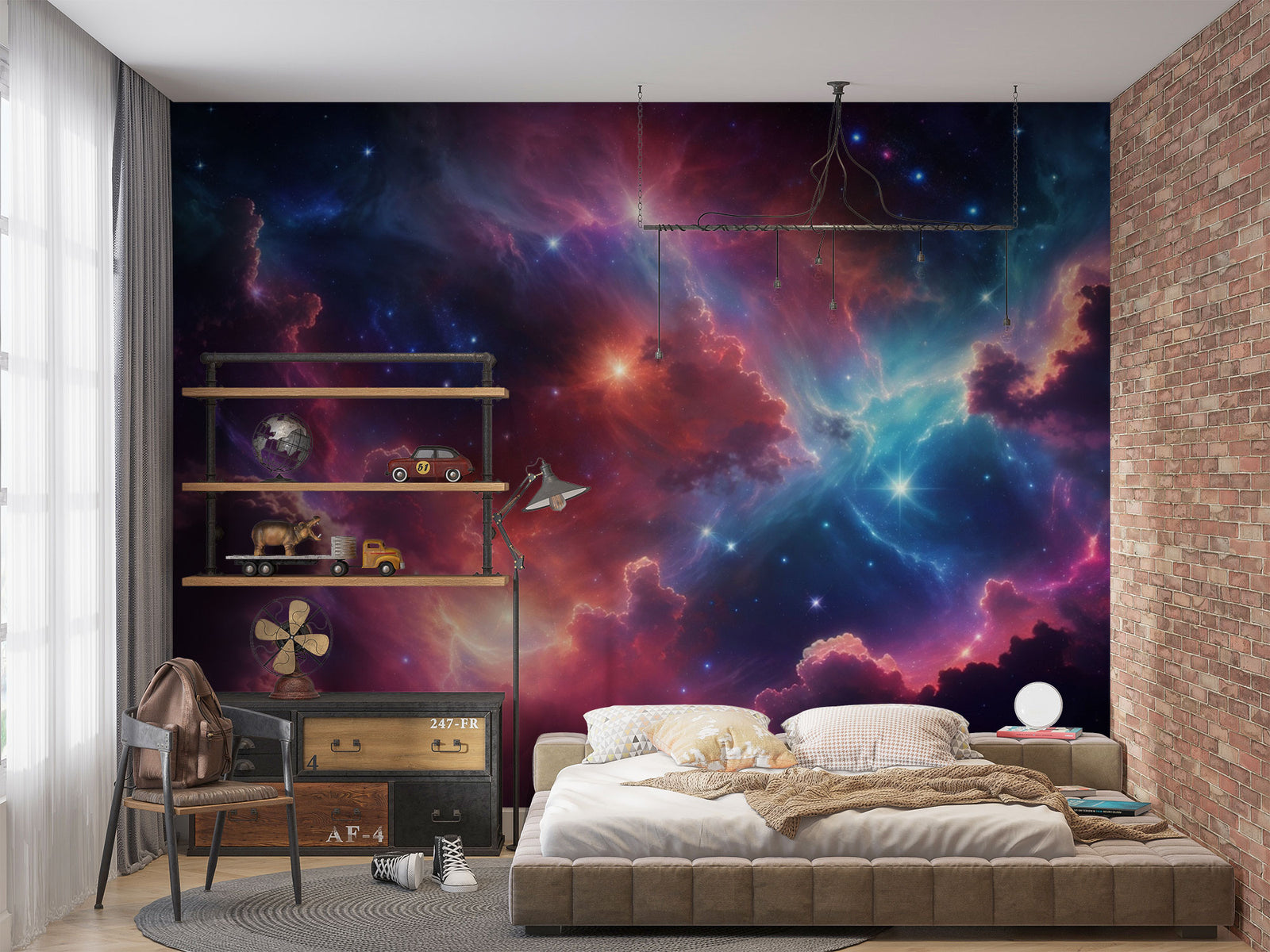 Celestial nebula wall mural featuring vibrant clouds of cosmic gas in blues, purples, and reds with glowing stars, styled in a modern bedroom with industrial accents.