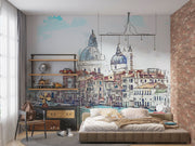 Venetian Daydream watercolor wall mural of Venice with dome architecture and canal, styled in bedroom.