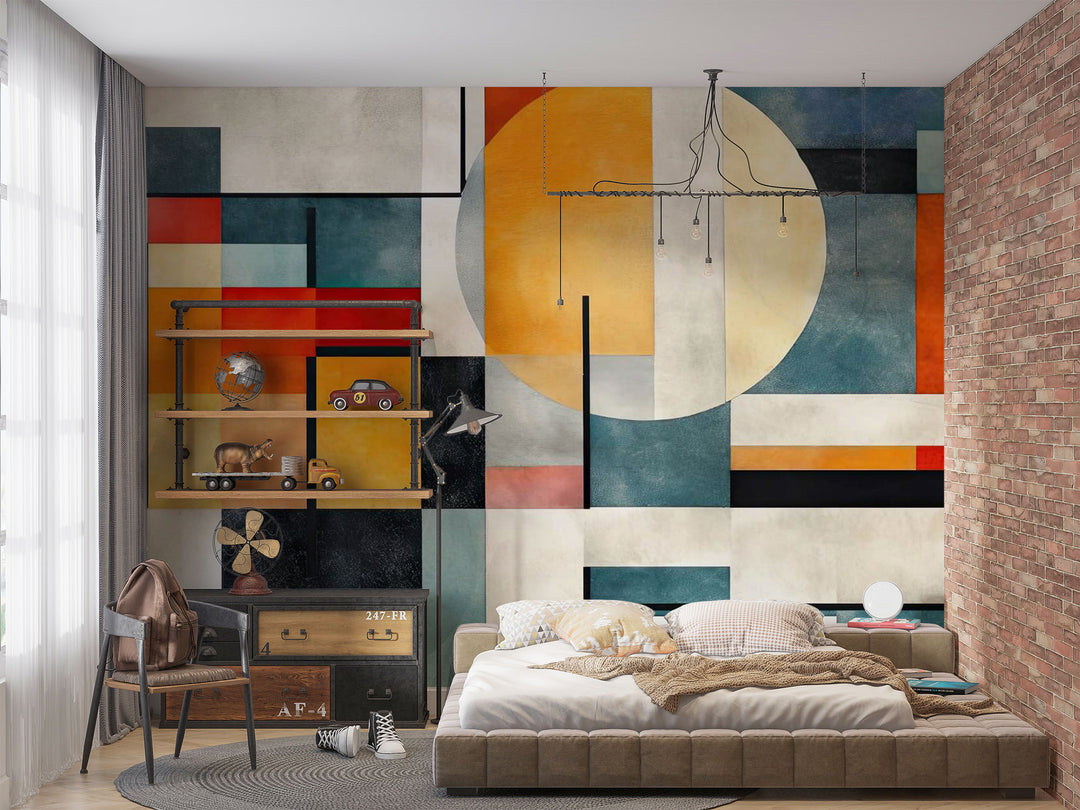 Abstract Architecture Wall Mural with colorful geometric shapes decorating a bedroom.
