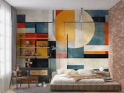 Abstract Architecture Wall Mural with colorful geometric shapes decorating a bedroom.