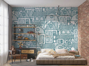 Sketch house wall mural featuring hand-drawn village-style houses with rooftops and windows, creating a cozy and artistic room atmosphere.
