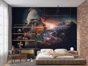 Cosmic Vision Wall Mural – Surreal Galaxy Wallpaper Featuring a Female Face Blending with a Nebula, Stardust, and Cosmic Light for Dreamy & Futuristic Interiors.
