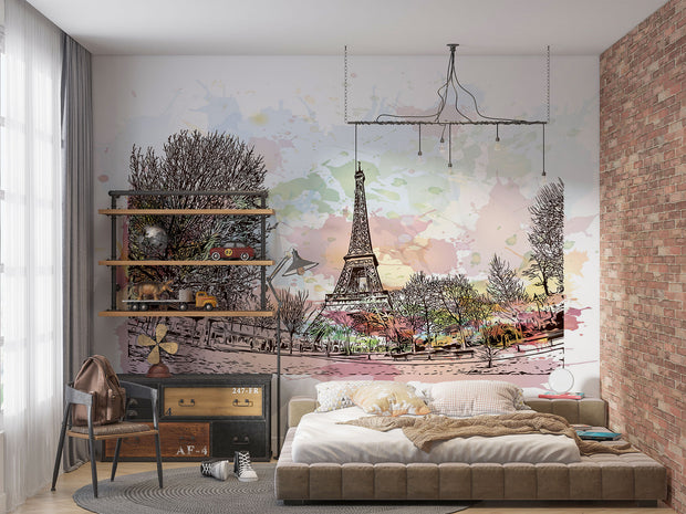 Watercolor Paris mural featuring the Eiffel Tower with pastel skies and ink sketch trees in a stylish bedroom setting.