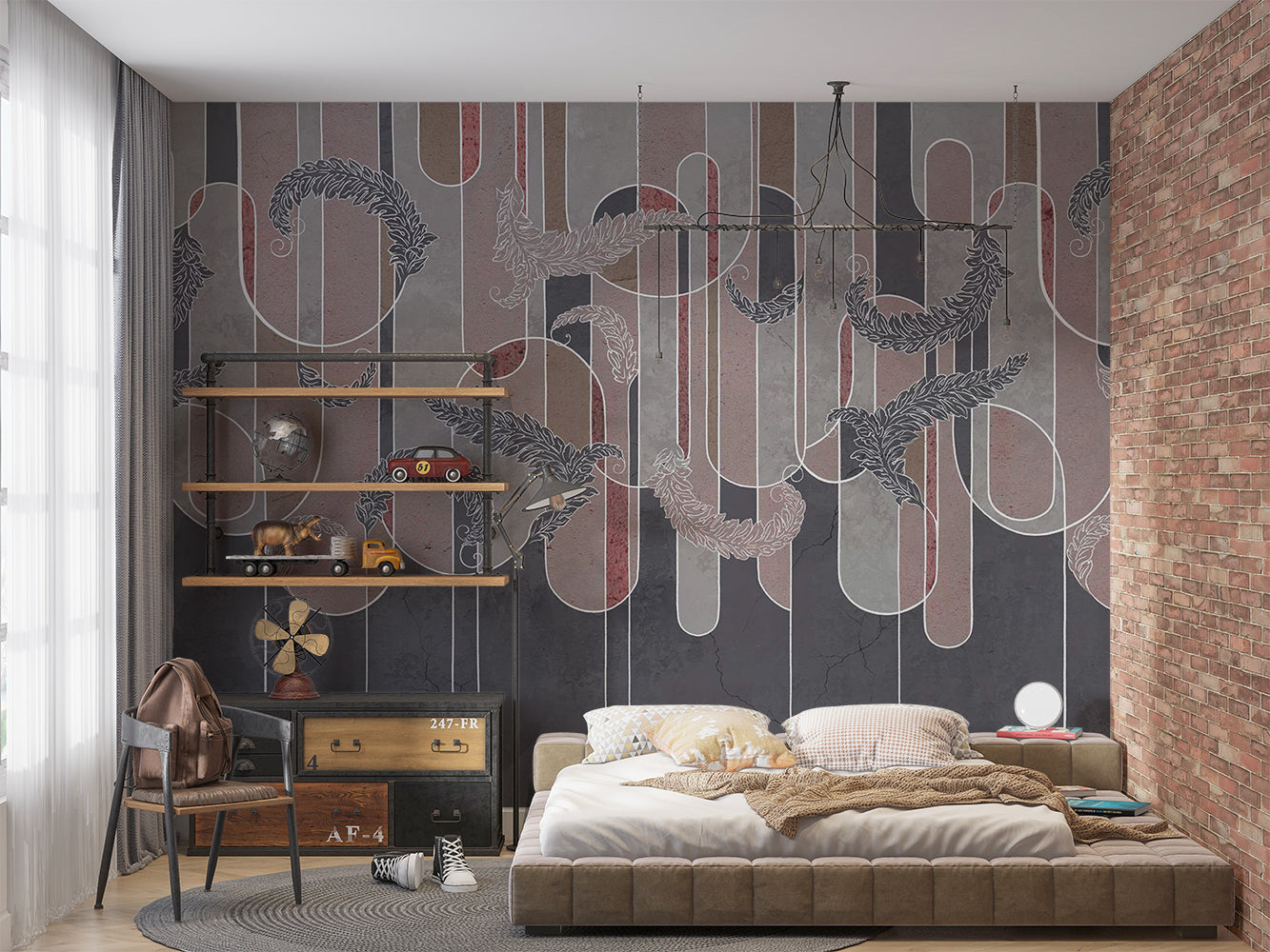 Dark botanical line art wall mural with charcoal grey, deep red, and taupe geometric elements, featuring intricate white botanical detailing.