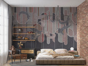 Dark botanical line art wall mural with charcoal grey, deep red, and taupe geometric elements, featuring intricate white botanical detailing.