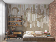 Earthy botanical line art wall mural featuring soft beige, sage green, taupe, and brown tones with intricate botanical swirls and geometric accents.