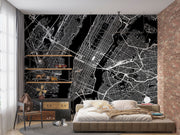 Black and white city map wall mural with detailed urban street layout, perfect for modern bedroom or office decor.