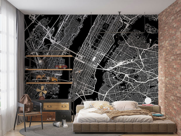 Black and white city map wall mural with detailed urban street layout, perfect for modern bedroom or office decor.