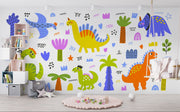 A colorful dinosaur wall mural with playful hand-drawn dinos, palm trees, and doodles, perfect for kids' rooms and nurseries.