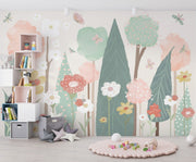 Charming wallpaper mural featuring colourful flowers, tall trees, and delicate butterflies, ideal for creating a whimsical and vibrant interior.