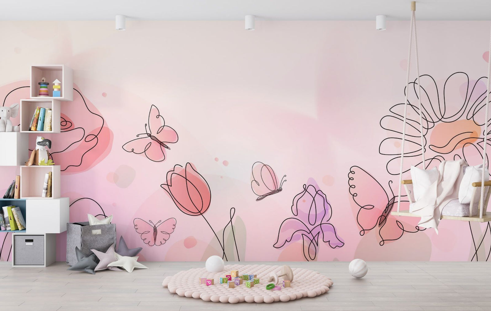 Floral and butterfly-themed wall mural with delicate line art of flowers and butterflies on a soft pink background, decorating a stylish children's room with a hanging chair and playful decor.