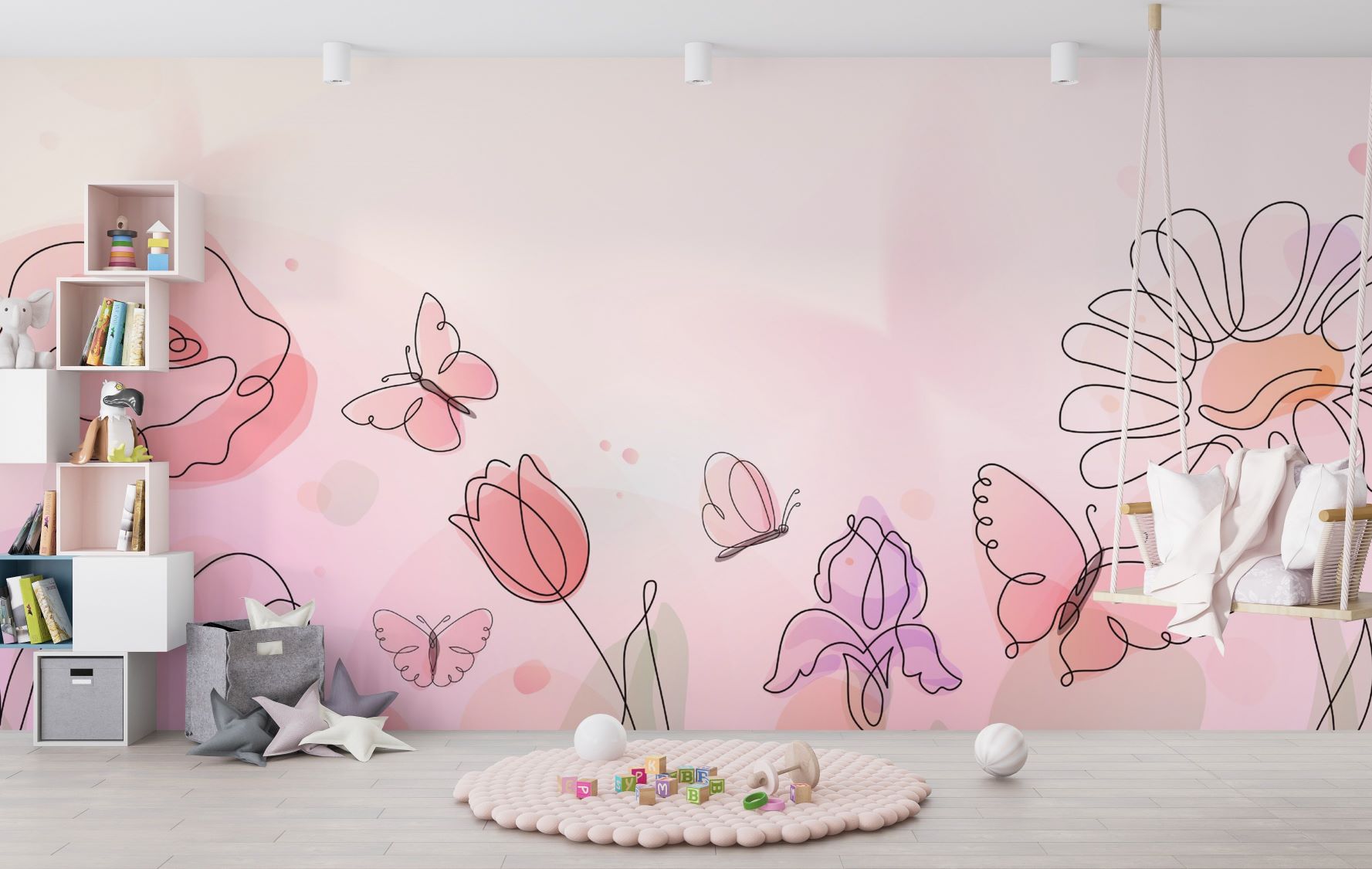 Floral and butterfly-themed wall mural with delicate line art of flowers and butterflies on a soft pink background, decorating a stylish children's room with a hanging chair and playful decor.