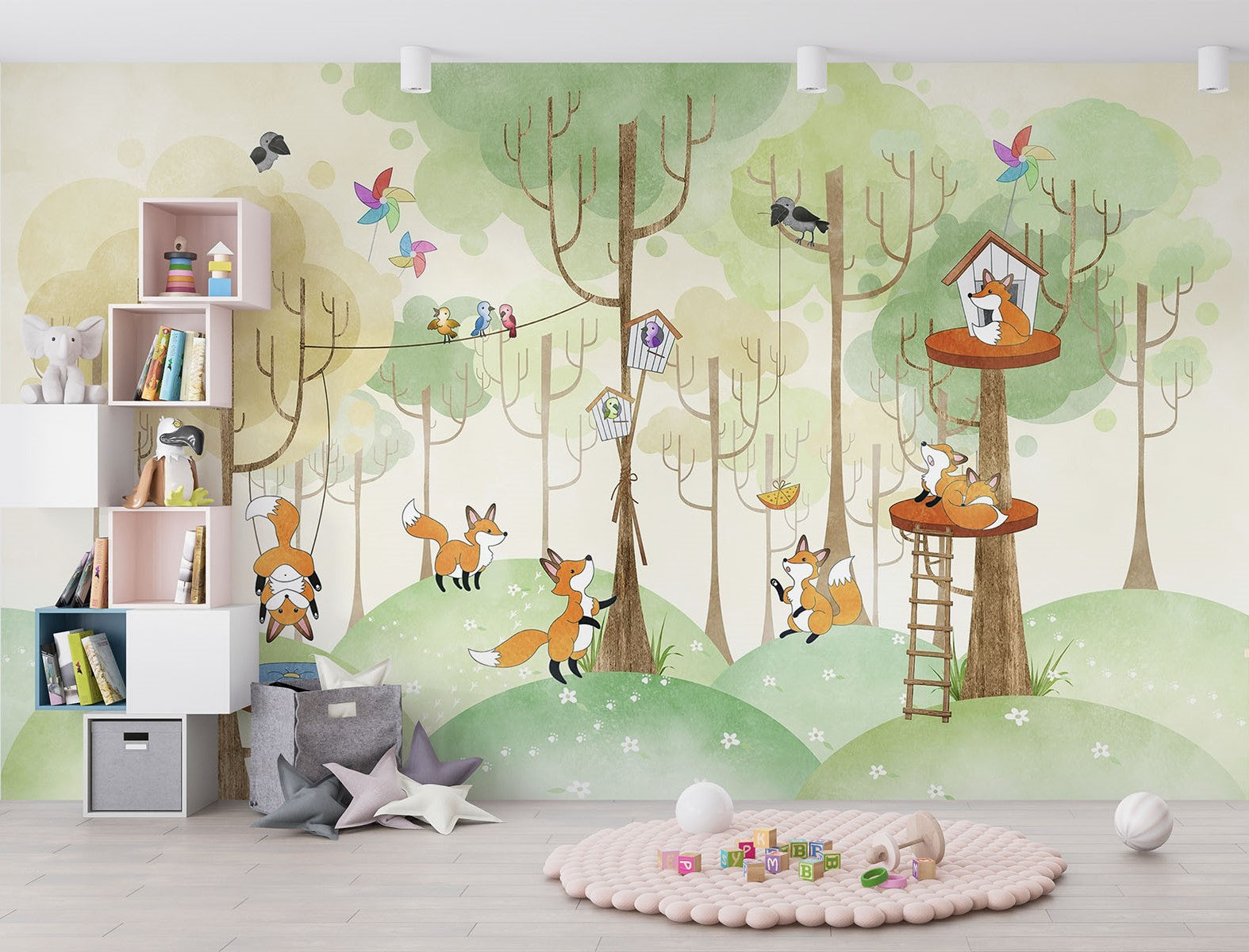 Woodland fox wall mural featuring playful foxes, treehouses, and a lush green forest; perfect for nursery, kid's bedroom or playroom décor.