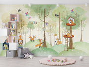 Woodland fox wall mural featuring playful foxes, treehouses, and a lush green forest; perfect for nursery, kid's bedroom or playroom décor.
