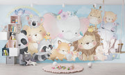 Watercolor baby animal wall mural with an elephant, lion, panda, fox, koala, and other cute creatures in pastel tones.